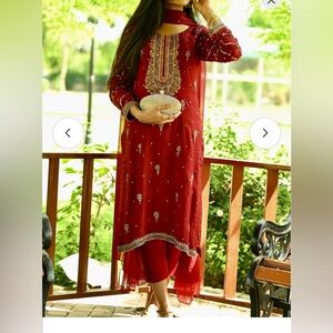 Elegant Red Pakistani Designer 3-piece Kurta Set